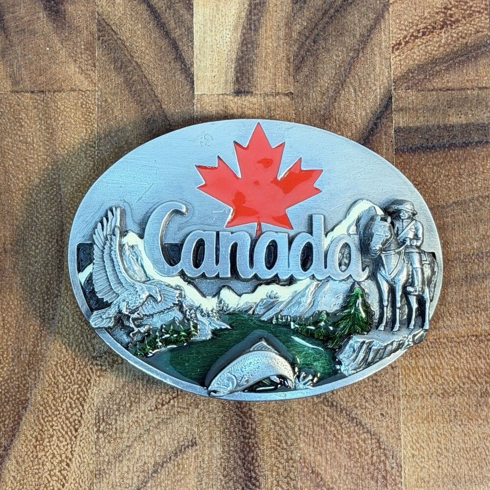 Canada Belt Buckle Pewter Flag Maple Leaf Wildlife VTG 1990 Siskiyou